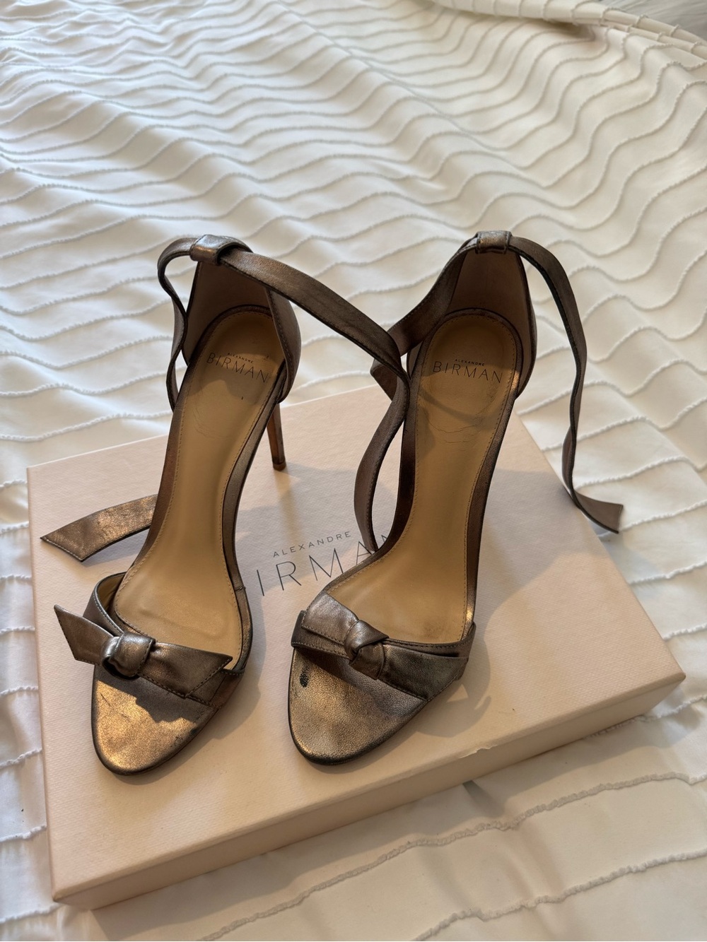 Alexandre Birman Metallic Bronze Tie-Ankle Stiletto Sandals